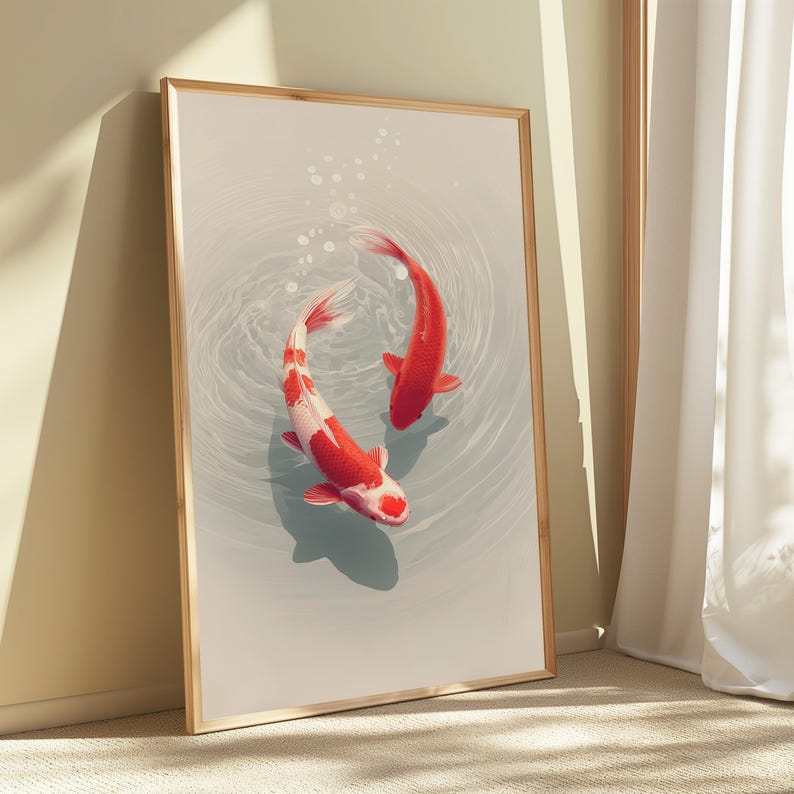 May include: A framed vertical wall art print featuring two koi fish swimming in a circular motion within light gray water. One fish is solid red, while the other is white with red patches. Ripples and small bubbles surround the fish in the water.