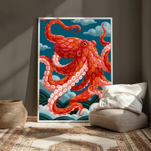 May include: A rectangular wall art print featuring a vibrant red octopus with detailed suckers on its tentacles, set against a deep teal background with stylised blue waves at the bottom and soft white clouds scattered throughout the sky.