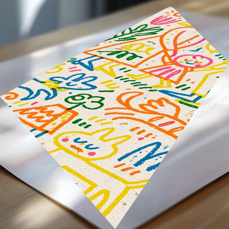 May include: A rectangular art print on textured off-white paper featuring a colorful doodle pattern. The design includes hand-drawn figures, flowers, and abstract shapes in vibrant shades of orange, yellow, blue, green, and pink ink.