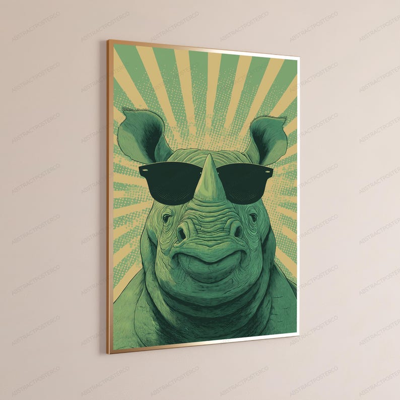 May include: A framed wall art print featuring a green rhinoceros wearing black sunglasses. The background consists of a light yellow and green sunburst pattern with a dotted texture, all enclosed within a thin metallic frame on a wall.