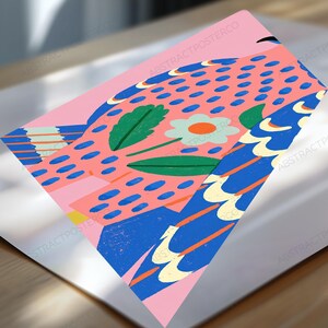 May include: A rectangular art print featuring a stylized bird illustration on a pink background. The bird has blue wings with cream-colored scalloped edges and orange stripes. The body is covered in blue dots, with green leaves and a white flower.