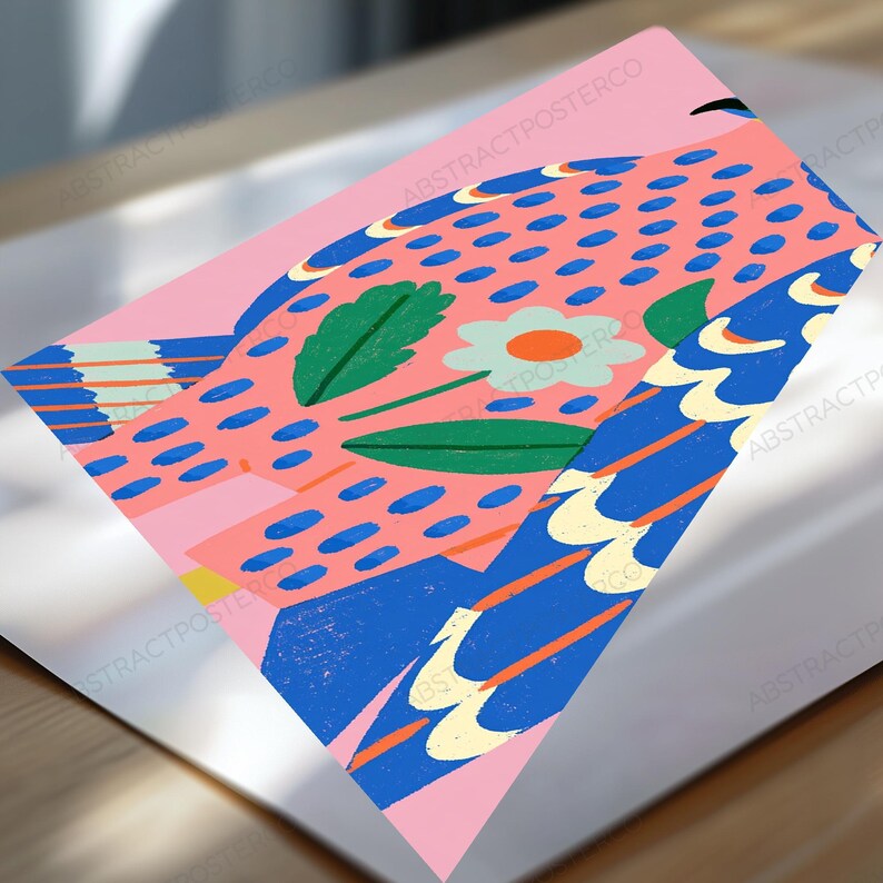 May include: A rectangular art print featuring a stylized bird illustration on a pink background. The bird has blue wings with cream-colored scalloped edges and orange stripes. The body is covered in blue dots, with green leaves and a white flower.