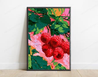 Red Raspberries Botanical Print | Vibrant Food Art | Modern Kitchen Wall Decor | Digital Download A3 A2 A1