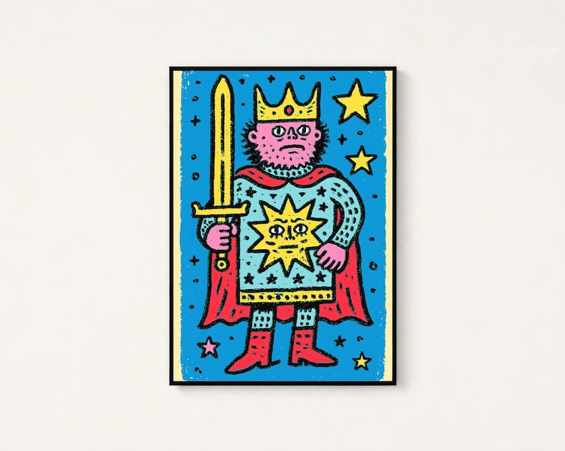 Quirky King Pop Art Print | Colourful Sword Warrior | Bold Street Art Wall Decor | Digital Download A3 A2 A1 image 1
