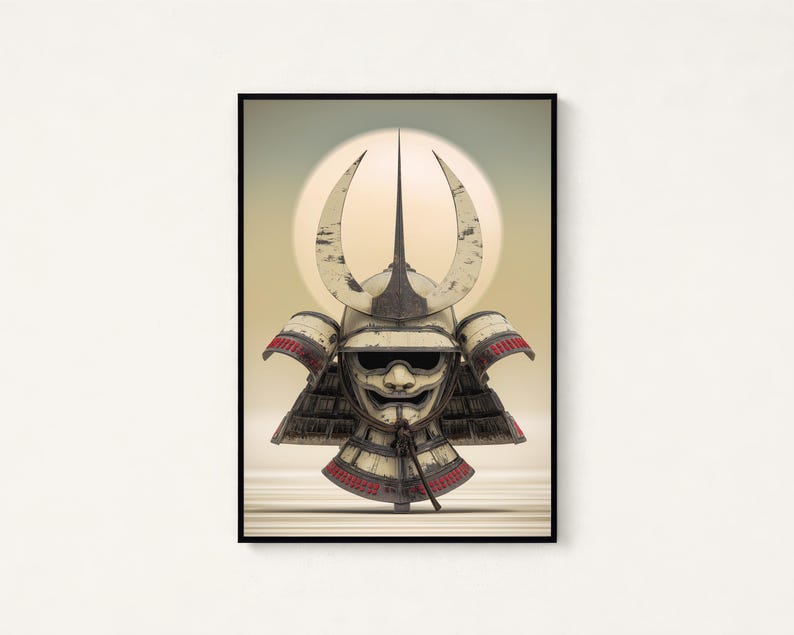 Puede incluir: Una impresi&oacute;n de arte mural enmarcada que presenta una ilustraci&oacute;n detallada de un casco de samur&aacute;i con m&aacute;scara. El casco es de color blanco roto con detalles en metal oscuro, bordes rojos y una cresta central prominente sobre un fondo circular.