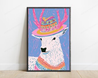 Boho Llama Sombrero Pop Art Print | Colorful Alpaca Wall Art | Minimalist Home Decor | Digital Download A3 A2 A1