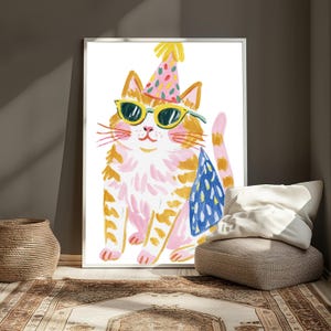 Lámina de arte pop con gafas de sol y sombrero de fiesta de gato genial / Arte mural de animales caprichosos / Decoración minimalista para el hogar / Descarga digital A3 A2 A1 imagen 4