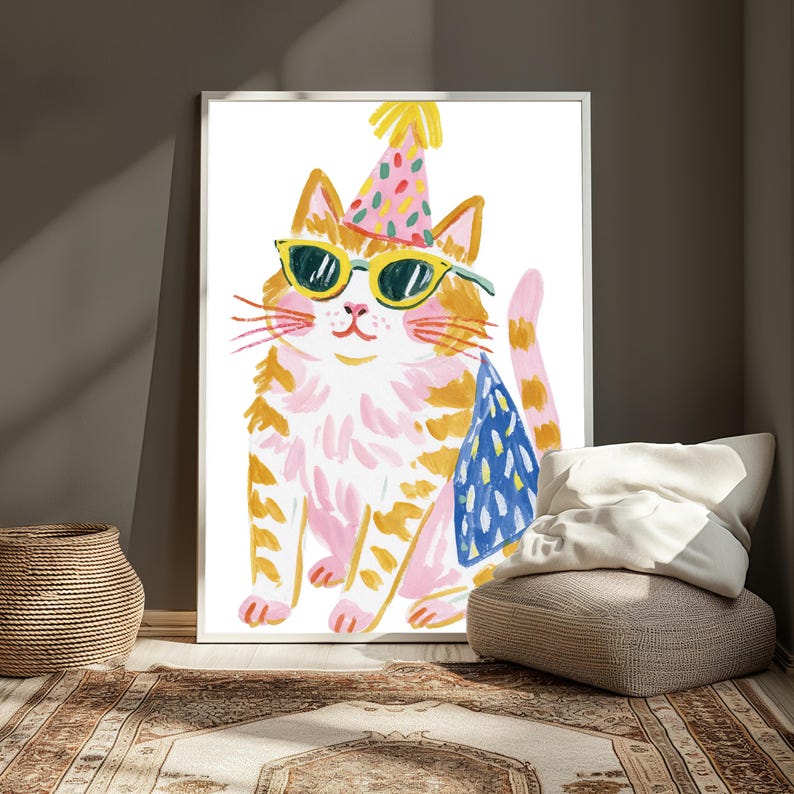 Lámina de arte pop con gafas de sol y sombrero de fiesta de gato genial / Arte mural de animales caprichosos / Decoración minimalista para el hogar / Descarga digital A3 A2 A1 imagen 4