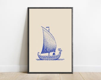 Ancient Greek Sailing Vessel Line Art Print | Minimalist Classical Wall Decor | Blue Mythology Home Art | Digital Download A3 A2 A1