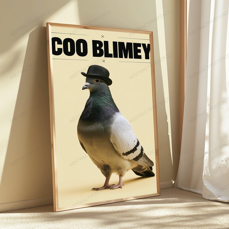 Coo Blimey Pigeon Bowler Hat | Funny Bird Pun Wall Art | Quirky Animal Print image 4