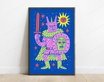 Colorful Demon Sword Pop Art Print | Mystical Creature Wall Art | Vibrant Surreal Decor | Digital Download A3 A2 A1