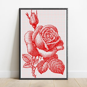 Pode incluir: Uma impress&atilde;o de arte de parede retangular emoldurada com uma ilustra&ccedil;&atilde;o de pontos vermelhos de uma rosa em flor e um bot&atilde;o de rosa. A obra &eacute; composta por pontos vermelhos densos sobre um fundo branco, dentro de uma moldura preta fina.