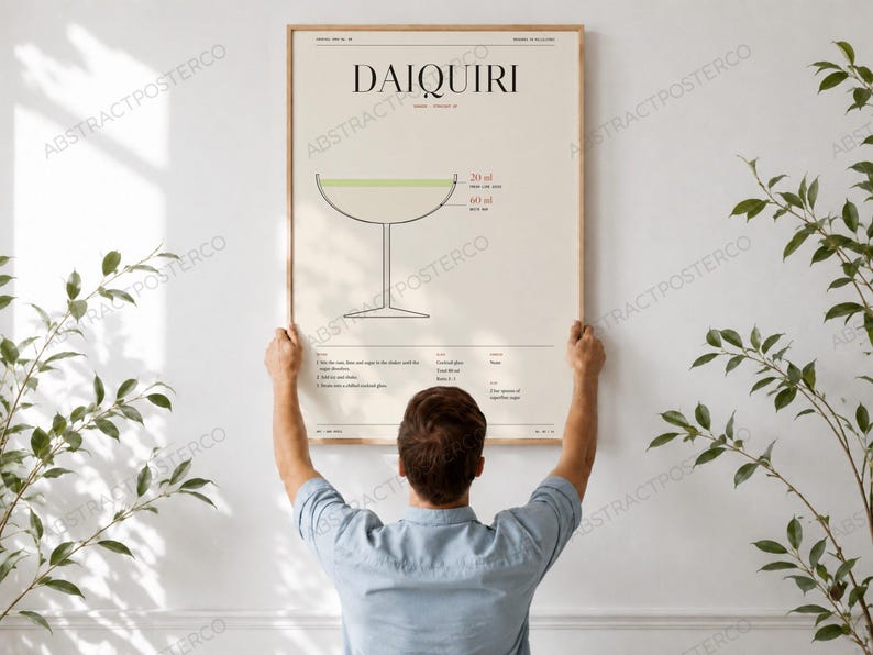 Daiquiri Cocktail Recipe Print in Cream, held up in a room