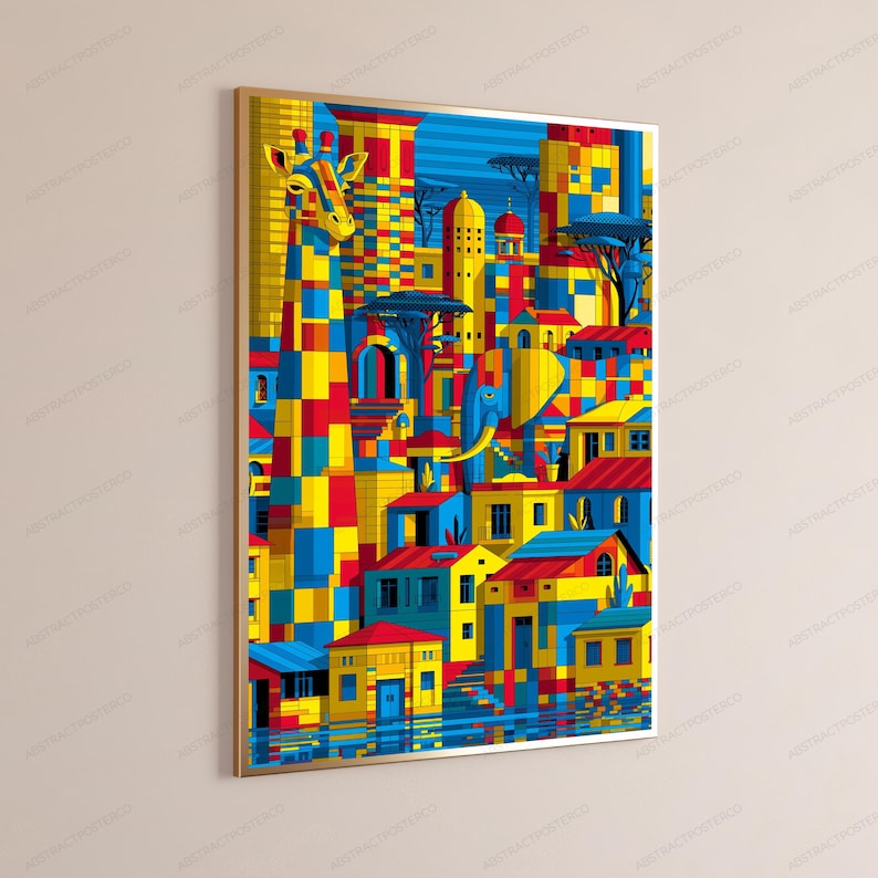 May include: A framed vertical wall art print featuring a vibrant, geometric mosaic style illustration of a giraffe and an elephant integrated into a colorful cityscape of buildings and trees, rendered in bold shades of yellow, red, and blue.