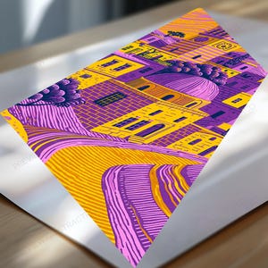 Peut inclure: Une impression d'art rectangulaire repr&eacute;sentant un paysage stylis&eacute; avec des b&acirc;timents, une structure en d&ocirc;me et des collines. Le design utilise une palette de couleurs vives jaune, violet et orange avec des lignes textur&eacute;es sur toute l'image.