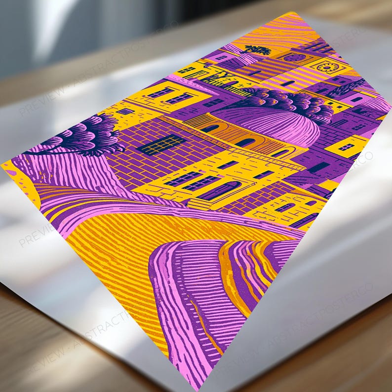 Peut inclure: Une impression d'art rectangulaire repr&eacute;sentant un paysage stylis&eacute; avec des b&acirc;timents, une structure en d&ocirc;me et des collines. Le design utilise une palette de couleurs vives jaune, violet et orange avec des lignes textur&eacute;es sur toute l'image.