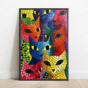 Puede incluir: Una impresi&oacute;n de arte mural rectangular que presenta una ilustraci&oacute;n estilo mosaico de m&uacute;ltiples caras de gatos en colores vibrantes, incluyendo amarillo, azul, rojo, verde y rosa. Cada gato est&aacute; compuesto por formas circulares e irregulares.