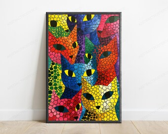Colorful Cat Mosaic Pop Art Print | Rainbow Feline Wall Art | Vibrant Home Decor | Digital Download A3 A2 A1