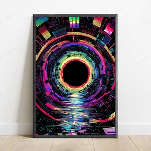 Puede incluir: Una impresi&oacute;n de arte mural vertical enmarcada que presenta una composici&oacute;n digital abstracta de un vac&iacute;o circular central oscuro rodeado por anillos conc&eacute;ntricos de colores ne&oacute;n vibrantes que incluyen magenta, cian, amarillo y azul, con un reflejo de luz pixelado.