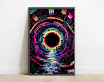 Neon Vortex Portal Cyberpunk Art Print | Glitch Digital Tunnel | Futuristic Wall Decor | Digital Download A3 A2 A1