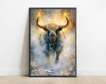 Retrato de bisonte majestuoso, lámina dorada / Arte mural de vida silvestre impactante / Decoración moderna para el hogar / Descarga digital A3 A2 A1
