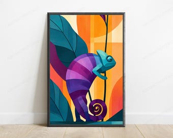 Colorful Chameleon Pop Art Print | Vibrant Reptile Wall Art | Minimalist Animal Décor | Digital Download A3 A2 A1