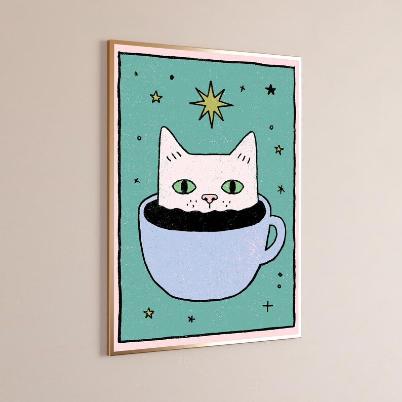 Cat in Coffee Mug Stars Wall Art | Whimsical Cat Print | Minimalist Home Decor | Digital Download A3 A2 A1 image 9