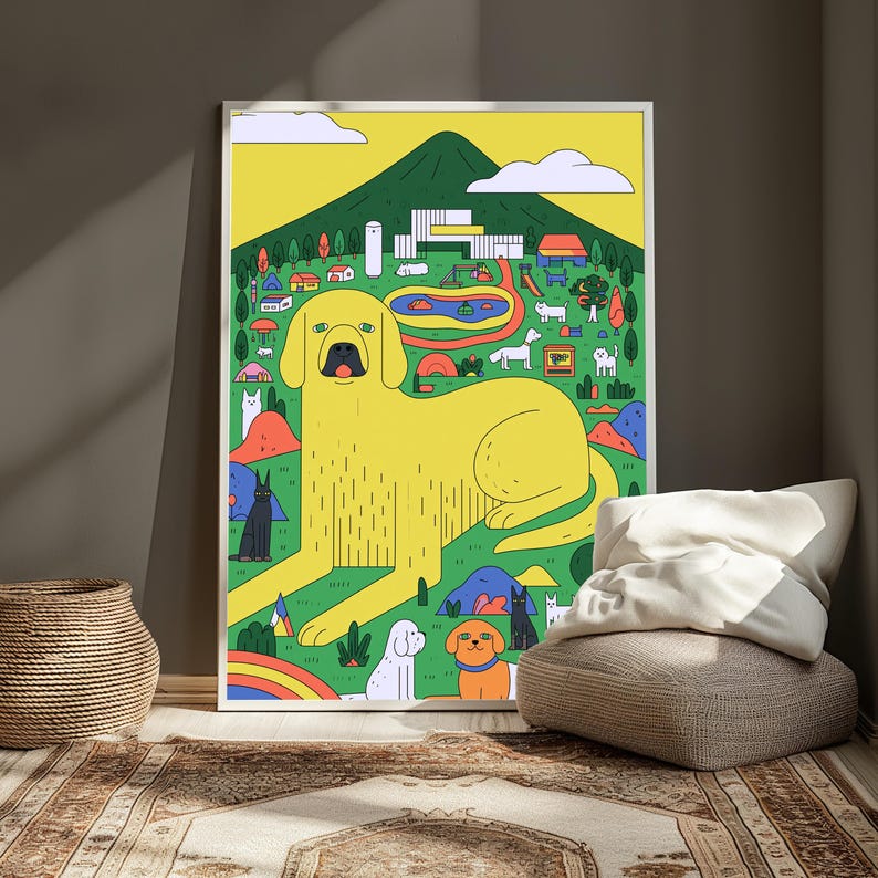 Pode incluir: Uma impress&atilde;o de arte de parede emoldurada apresentando um c&atilde;o amarelo grande centralizado numa paisagem com uma montanha verde, um lago azul e v&aacute;rios animais menores. A ilustra&ccedil;&atilde;o usa uma paleta de cores vibrantes de amarelo, verde, azul e laranja.