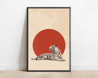 Witte Tijger Japanse Kunstprint | Minimalistische Poster met Opkomende Zon (Digitale Download)