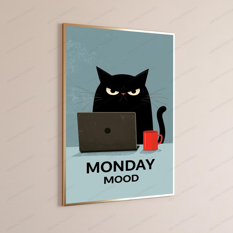 Grumpy Black Cat with Laptop Coffee Mug | Monday Mood Pop Art Print | Funny Office Wall Decor image 3