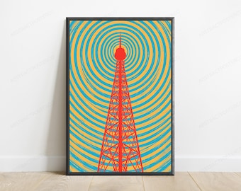 Red Communication Tower Minimalist Art Print | Urban Architecture Wall Art | Digital Download