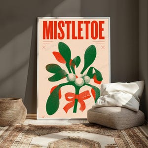 Mistletoe Plant Red Bow Retro Art Print | Minimalist Christmas Wall Art | Holiday Home Decor image 5