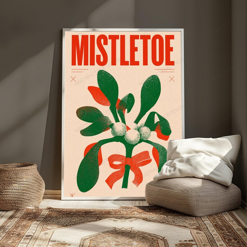 Mistletoe Plant Red Bow Retro Art Print | Minimalist Christmas Wall Art | Holiday Home Decor image 5