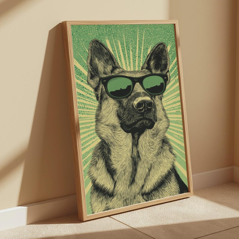 Coole Schäferhund Sonnenbrillen Print | Pop Art Hundeportrait | Retro Wand Dekor | Digitaler Download A3-A2-A1 Bild 3
