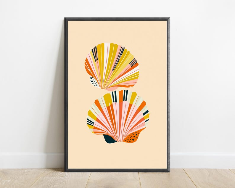 Sunburst Fan Shell Abstract Print | Orange Yellow Pink Art | Minimalist Geometric Wall Decor | Digital Download A3 A2 A1 image 1
