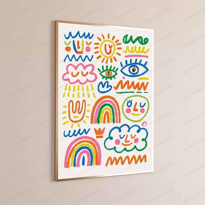 May include: A rectangular wall art print in a gold frame featuring a white background with colourful hand-drawn doodles including rainbows, clouds, a sun, eyes, and wavy lines in shades of blue, pink, orange, yellow, green, and red.