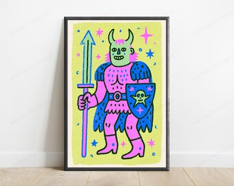 Colorful Demon Warrior Pop Art Print | Quirky Horned Character | Vibrant Wall Art | Digital Download A3 A2 A1