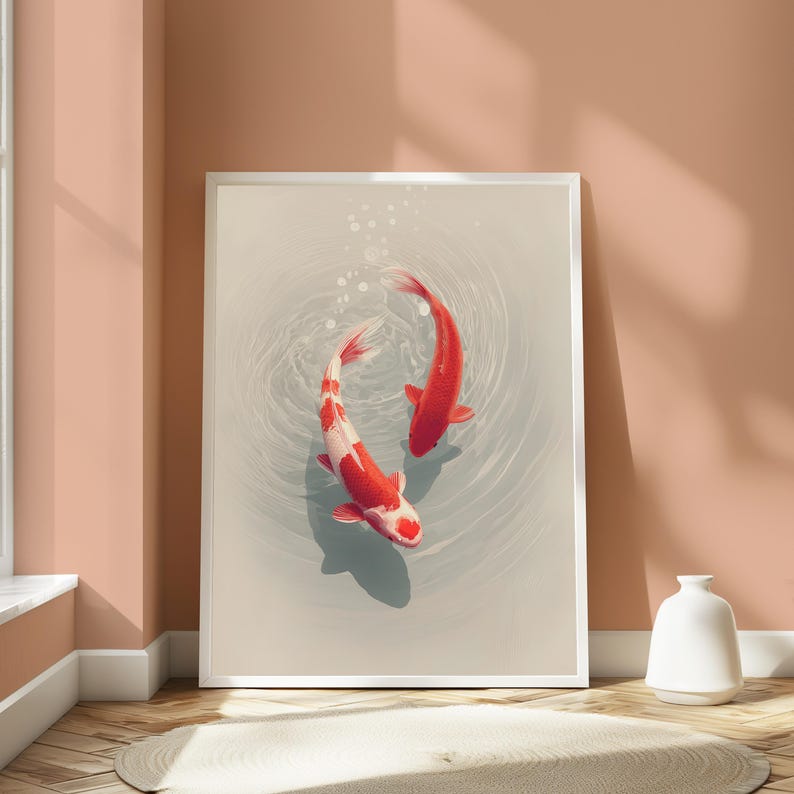 May include: A framed vertical wall art print featuring two koi fish swimming in a circular motion within light gray water. One fish is solid red, while the other displays a white and red patterned body. Small bubbles rise from the center of the water.