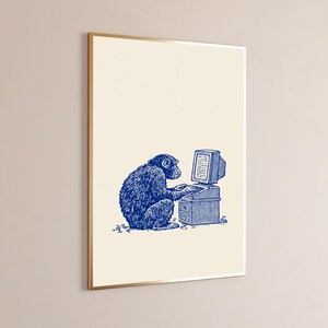 Monkey at Computer Retro Engraving | Blue Vintage Tech Art Print | Minimalist Wall Decor | Digital Download A3 A2 A1 image 9