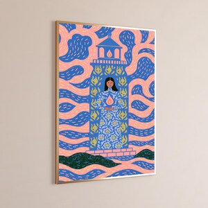 May include: A framed vertical art print featuring a stylised lighthouse structure with a person standing inside. The design uses a palette of blue, pink, and yellow, with wavy patterns in the background and a floral motif on the person's clothing.