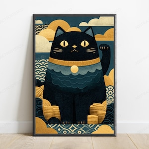 May include: A framed wall art print featuring a stylized black cat with yellow eyes and a raised paw. The cat wears a gold collar with a circular pendant and sits amidst stacks of gold coins. The background displays blue and gold wave patterns.