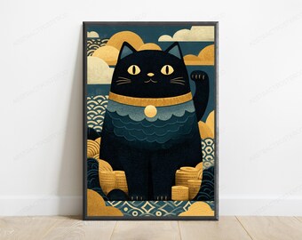 Maneki Neko Lucky Cat Japanese Art Print | Yokai Spirit Wall Art (Digital Download)