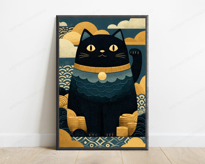 May include: A framed wall art print featuring a stylized black cat with yellow eyes and a raised paw. The cat wears a gold collar with a circular pendant and sits amidst stacks of gold coins. The background displays blue and gold wave patterns.