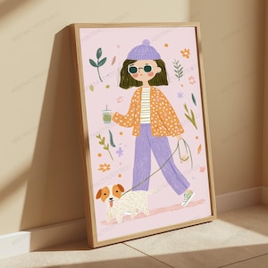 Peut inclure: Une impression d'art encadr&eacute;e repr&eacute;sentant une illustration de personnage portant un bonnet violet, des lunettes de soleil, une veste orange &agrave; motifs et un pantalon violet, tenant une boisson et promenant un petit chien blanc et marron en laisse.