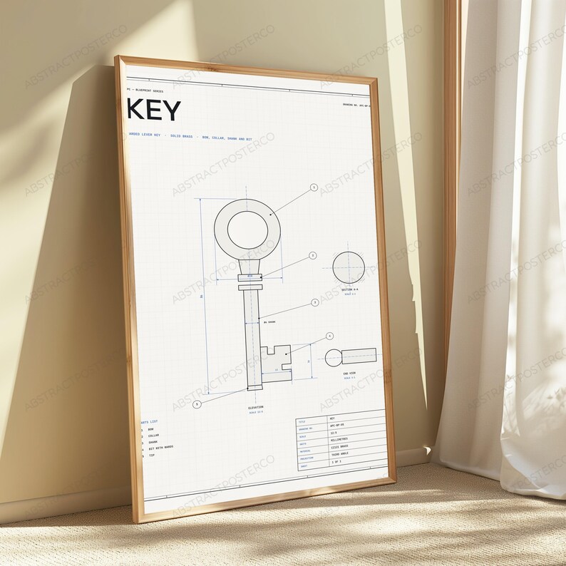 Technical Key Blueprint Print | Vintage Engineering Diagram | Minimalist Industrial Wall Art image 5