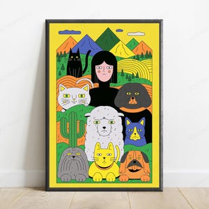 May include: A framed poster featuring a central figure with black hair surrounded by a diverse group of illustrated animals including cats, dogs, and a sheep. The background displays a yellow sky, colorful mountains, and green hills.