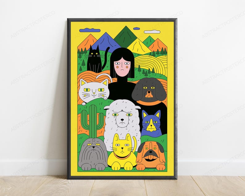 May include: A framed poster featuring a central figure with black hair surrounded by a diverse group of illustrated animals including cats, dogs, and a sheep. The background displays a yellow sky, colorful mountains, and green hills.