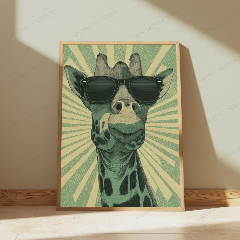 May include: A framed wall art print featuring a stylized illustration of a giraffe wearing black sunglasses. The giraffe is centered against a light green background with a radiating sunburst pattern in a darker shade of green and cream.