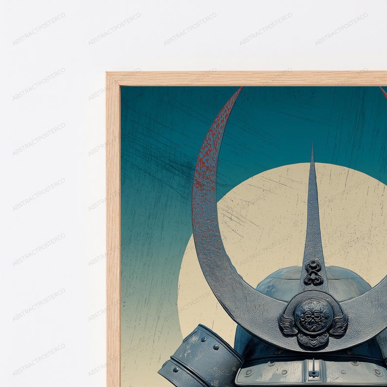 May include: A framed wall art print featuring a dark blue samurai helmet with a prominent crescent-shaped crest. The helmet is set against a large, pale yellow circular background and a textured teal sky, all enclosed in a light wood frame.