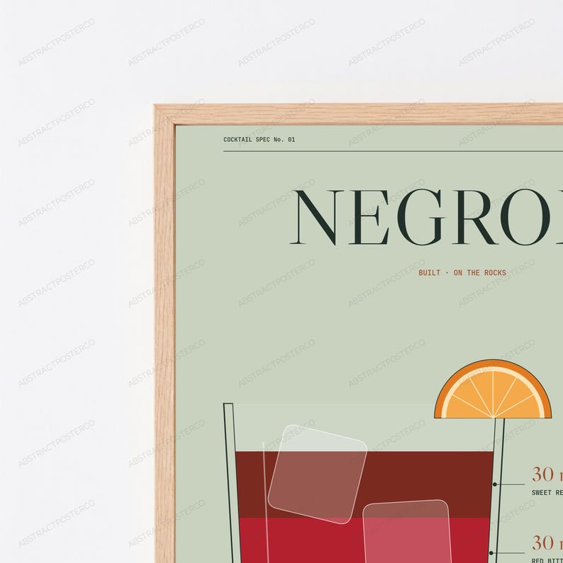 Negroni Cocktail Recipe Print in Sage | Minimalist Drink Art | Bar Kitchen Wall Decor image 2